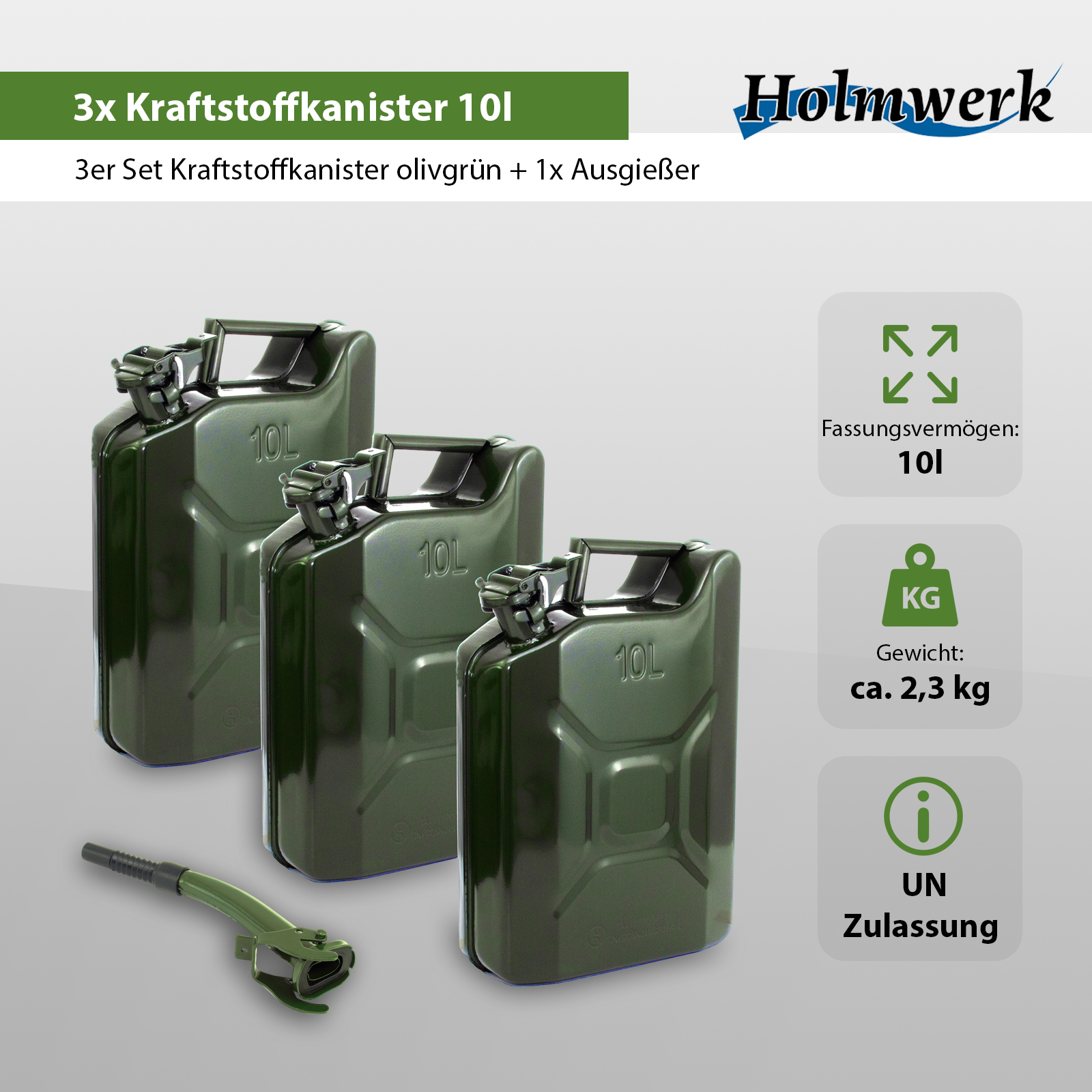 TRUTZHOLM Kanister 3x Benzinkanister Kraftstoffkanister Metall 10 L  Hammerschlag kratzfes (3er Set)