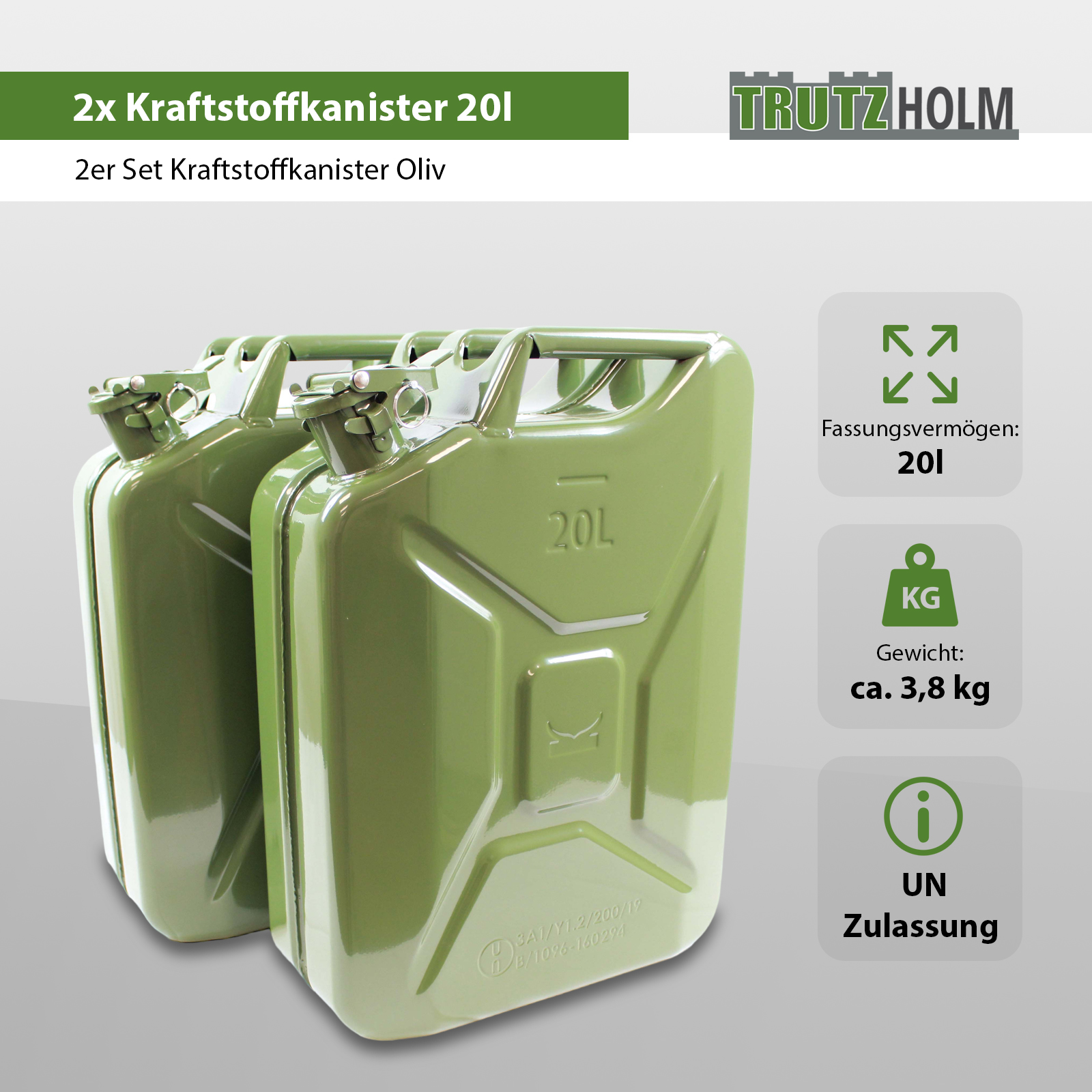 TRUTZHOLM 2er Set Benzinkanister Kraftstoffkanister Metall 20 Liter  Olivgrün Kanister für Benzin und Diesel