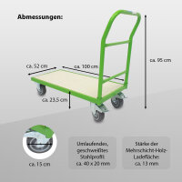 Plattformwagen 500 kg Traglast ca. 96 x 49 cm Ladefläche mit 2 Lenkrollen inkl. Bremse