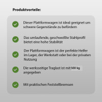 Plattformwagen 500 kg Traglast ca. 96 x 49 cm Ladefläche mit 2 Lenkrollen inkl. Bremse