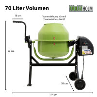 Betonmischer 70L Fassungsvermögen 230V 275W 27,5 U/min Zahnräder aus Guss Zementmischer