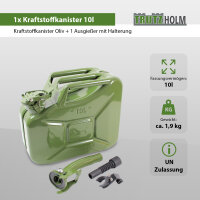 1x Benzinkanister Kraftstoffkanister Metall 10 Liter Oliv inkl. Ausgießer + Halter