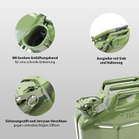 1x Benzinkanister Kraftstoffkanister Metall 10 Liter Oliv inkl. Ausgießer + Halter