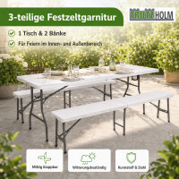 TRUTZHOLM Bierzeltgarnitur 3-teilig klappbar, 1 Tisch & 2 Bänke je 180 x 75/30 cm, weiß, Stahlrahmen