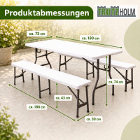TRUTZHOLM Bierzeltgarnitur 3-teilig klappbar, 1 Tisch & 2 Bänke je 180 x 75/30 cm, weiß, Stahlrahmen
