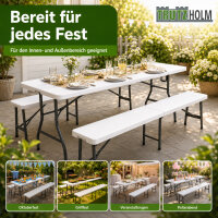 TRUTZHOLM Bierzeltgarnitur 3-teilig klappbar, 1 Tisch & 2 Bänke je 180 x 75/30 cm, weiß, Stahlrahmen