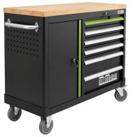 Werkstattwagen leer mit Holzplatte 6 Schubladen & Tür, abschließbarer Werkzeugwagen schwarz/grün