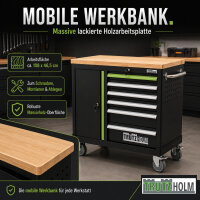 Werkstattwagen leer mit Holzplatte 6 Schubladen & Tür, abschließbarer Werkzeugwagen schwarz/grün