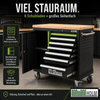Werkstattwagen leer mit Holzplatte 6 Schubladen & Tür, abschließbarer Werkzeugwagen schwarz/grün