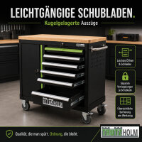 Werkstattwagen leer mit Holzplatte 6 Schubladen & Tür, abschließbarer Werkzeugwagen schwarz/grün