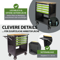 Werkstattwagen Profi Compact unbestückt 91 x 68 x 46 cm Holzplatte 4 Schubladen Lochwand Ablage grün