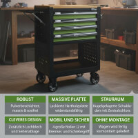 Werkstattwagen Profi Compact unbestückt 91 x 68 x 46 cm Holzplatte 4 Schubladen Lochwand Ablage grün
