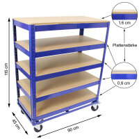 Etagenwagen 750kg 115x90x45 cm 5 Ebenen blau Transportwagen Magazinwagen Kommissionierwagen