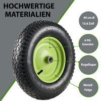Schubkarrenrad Luftbereifung 200kg 40cm /15,6" Metallfelge Grün Kugellager Ersatzrad inklusive Achse