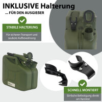 1x Benzinkanister Kraftstoffkanister Metall 10 Liter Hammerschlag  Olivgrün inkl. Ausgießer + Halter