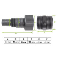 2x Adapter für Schwimmbadpumpe ABS für 24 / 34  mm Schläuche 1 1/2" Innengewinde