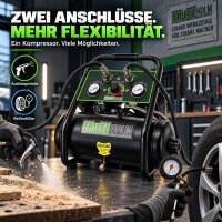 TRUTZHOLM Flüsterkompressor 9L Dual Connect – 900 W, 145 l/min, ölfrei, 8 bar, 2 Anschlüsse
