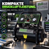 TRUTZHOLM Flüsterkompressor 9L Dual Connect – 900 W, 145 l/min, ölfrei, 8 bar, 2 Anschlüsse