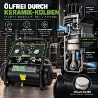 TRUTZHOLM Flüsterkompressor 9L Dual Connect – 900 W, 145 l/min, ölfrei, 8 bar, 2 Anschlüsse