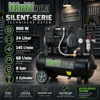 TRUTZHOLM Flüsterkompressor 24L Workshop – 900 W, 145 l/min, ölfrei, 8 bar