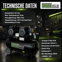 TRUTZHOLM Flüsterkompressor 50L ölfrei – 57 dB Silent Kompressor, 1800 W Brushless, 8 bar