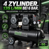 TRUTZHOLM Flüsterkompressor 50L Performance – 1800 W, 290 l/min, 4 Zylinder, ölfrei, 8 bar