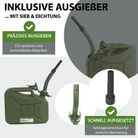 3x Benzinkanister Kraftstoffkanister Metall 10 Liter Hammerschlag  Olivgrün inkl. Ausgießer + Halter