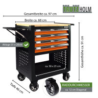 Werkstattwagen Profi Compact leer 91 x 68 x 46 cm Holzplatte 4 Schubladen Lochwand Ablage orange