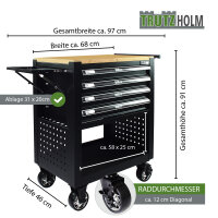 Werkstattwagen Profi Compact unbestückt 91 x 68  x 46 cm Holzplatte 4 Schubladen Lochwand Ablage sw