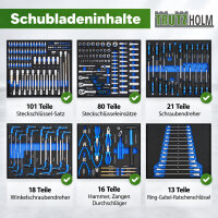 Werkstattwagen 249-tlg. bestückt 8 Schubladen Edelstahlauflage Seitentür Soft Close Schaumeinlagen