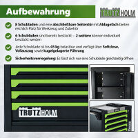 Werkstattwagen 249-tlg. bestückt 8 Schubladen Edelstahlauflage Seitentür Soft Close Schaumeinlagen