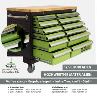 Werkstattwagen DELUXE 12 Schubladen 123 cm Breite mit massiver Arbeitsplatte ohne Werkzeug