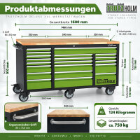 Werkstattwagen Deluxe XXL 160x91x46 cm Gummibaumholz-Arbeitsplatte 20 Schubladen fahrbar unbestückt