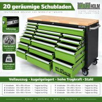 Werkstattwagen Deluxe XXL 160x91x46 cm Gummibaumholz-Arbeitsplatte 20 Schubladen fahrbar unbestückt
