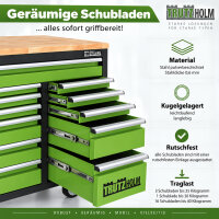 Werkstattwagen Deluxe XXL 160x91x46 cm Gummibaumholz-Arbeitsplatte 20 Schubladen fahrbar unbestückt