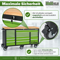 Werkstattwagen Deluxe XXL 160x91x46 cm Gummibaumholz-Arbeitsplatte 20 Schubladen fahrbar unbestückt