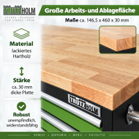 Werkstattwagen Deluxe XXL 160x91x46 cm Gummibaumholz-Arbeitsplatte 20 Schubladen fahrbar unbestückt