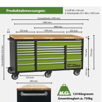 Werkstattwagen Deluxe XXL 163 x 97 cm mit Gummibaumholz-Arbeitsplatte, 20 Schubladen, unbestückt