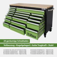 Werkstattwagen Deluxe XXL 163 x 97 cm mit Gummibaumholz-Arbeitsplatte, 20 Schubladen, unbestückt