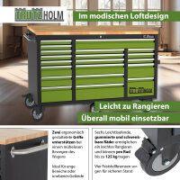 Werkstattwagen Deluxe XXL 163 x 97 cm mit Gummibaumholz-Arbeitsplatte, 20 Schubladen, unbestückt