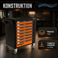 Holmwerk® Werkstattwagen leer 8 Schubladen 84 x 46 x 90 cm orange-schwarz mit Seitentür