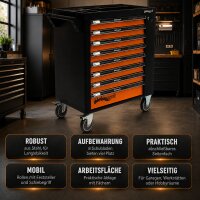 Holmwerk® Werkstattwagen leer 8 Schubladen 84 x 46 x 90 cm orange-schwarz mit Seitentür