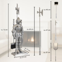Ritterfigur aus Gusseisen silber mit 4-teiligem Kaminbesteck im Hellebarden-Design Kamingarnitur