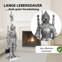 Ritterfigur aus Gusseisen silber mit 4-teiligem Kaminbesteck im Hellebarden-Design Kamingarnitur