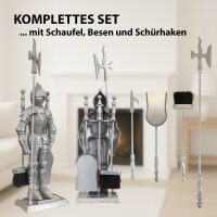 Ritterfigur aus Gusseisen silber mit 4-teiligem Kaminbesteck im Hellebarden-Design Kamingarnitur