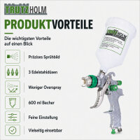HVLP Lackierpistole mit 3 Edelstahldüsen 1,4mm 1,7mm 2,0mm 600ml Becher