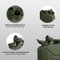 3x Metallkanister Hammerschlag olivgrün 20 Liter inkl. Ausgießer + Halter Benzin Diesel
