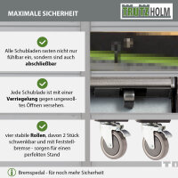 Werkstattwagen DELUXE 12 Schubladen, 123 cm Breite, massiver Arbeitsplatte 4 gefüllte Einlagen