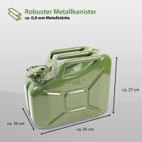 2x Benzinkanister Kraftstoffkanister Metall 10 Liter Oliv inkl. Ausgießer + Halter