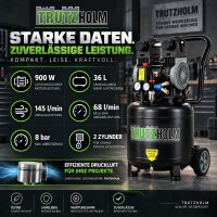 TRUTZHOLM Flüsterkompressor 36L Space Saver – 900 W, 145 l/min, ölfrei, 8 bar